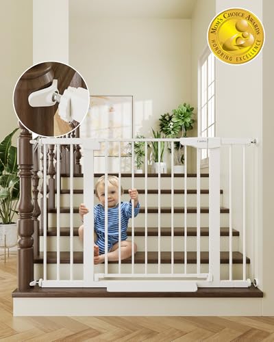 Cumbor 29.7-46' Baby Gate for Stairs, Mom's Choice Awards Winner-Auto Close Dog Gate for the House, Easy Install Pressure Mounted Pet Gates for Doorways, Easy Walk Thru Wide Safety Gate for Dog, White