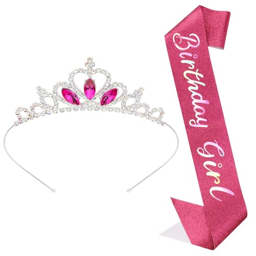 CUBACO Birthday Tiaras for Girls,Pink Birthday Crown Decorations and 'Birthday Girl' Sashes for Women Birthday Girl Headband Suitable Princess Party Decorations Birthday Gifts for Women