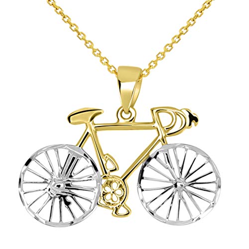 14k Yellow Gold Two-Tone Bicycle Bike with Textured Wheels Pendant Necklace, 20'