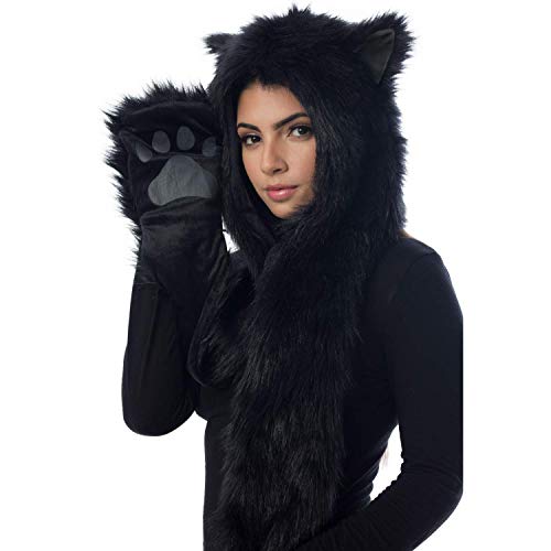 Halloween Costume Black Wolf Animal Anime Hood Cosplay Party with Paws and Ears Zipper Pocket