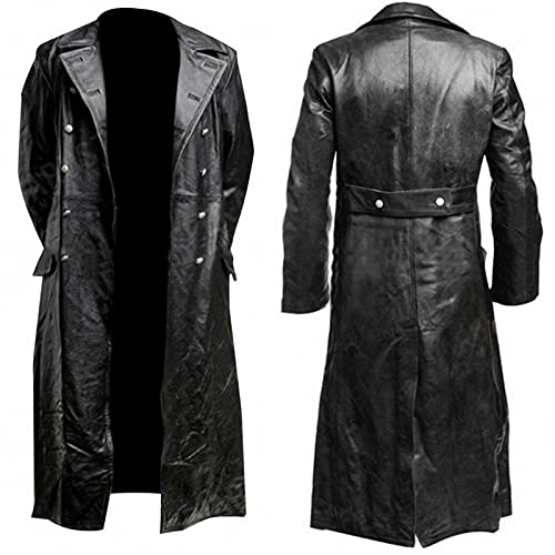 LFEOOST Leather Jacket Men Motorcycle Long Sleeve Button Lapel WW2 Officer Military Uniform Fall Winter Long Trench Coat Black, Small