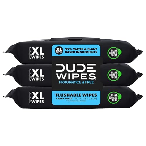 DUDE Wipes - Flushable Wipes - 3 Pack, 144 Wipes - Unscented Extra-Large Adult Wet Wipes - Vitamin-E & Aloe - Septic and Sewer Safe