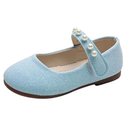 Dress Shoes for Girls Mary Jane Princess Shoes, Solid Pearl Decoration Cute Flat Bottom Sandals Lightweight & Comfy Blue, Toddler 8