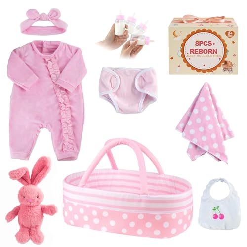 BABESIDE 8 Pcs Reborn Baby Doll Clothes with Bassinet for 17-22 Inch Baby Dolls, Baby Doll Accessories and Doll Clothes Outfit fit Newborn Baby Doll Girl, Babies Pretend Play Set