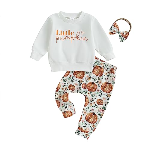 PUHHAPIEY Baby Girl Winter Clothes Pumpkin Crewneck Sweatshirts Flower Sweatpants Headband Toddler Fall Halloween Outfits (Little Pumpkin White, 6-12 Months)