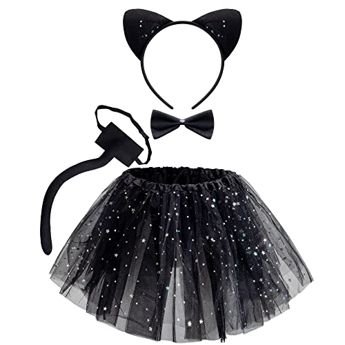 Spooktacular Creations Child Black Cat Costume Set with Tutu, Headband Collar and Tail, Cosplay Accessory Kit for Girls, Halloween Dress Up Party, School Role Playing