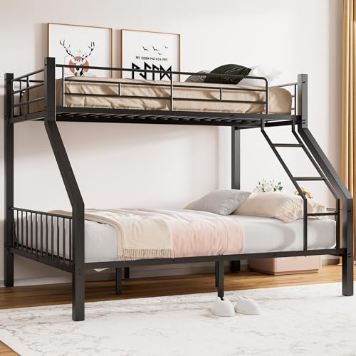 Miscoos Twin XL Over Queen Bunk Bed, Heavy Duty Bunk Bed with Safety Ladder and Full-Length Guardrails, Metal Queen Bed Frame with Slats Support for Adults, Teens, Kids, Black