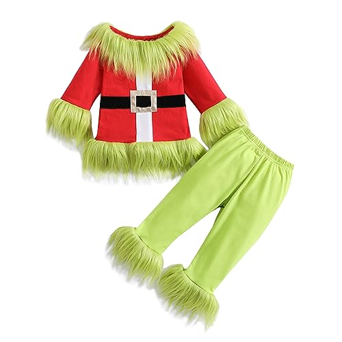 Toddler Kids Christmas Outfit Infant Baby Boy Girl Green Monster Costume Santa Elf Matching Cosplay Clothes Pant Set (Green&red, 2-3 Years)