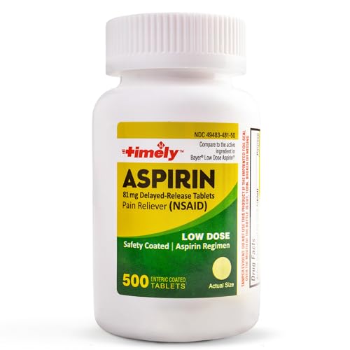 Timely - Low Dose Aspirin 81mg - 500 Tablets - Compared to the active ingredient in Bayer Low Dose - Enteric Coated Low Strength - Pain Reliever for Minor Aches and Pains, Fever Reducer - Made in USA