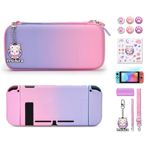 innoAura Switch Case for NS Switch, 17 in 1 Switch Accessories kit with Switch Carrying Case, Switch Protective Case, Switch Game Case, Switch Screen Protector (Pink-purple Gradient)