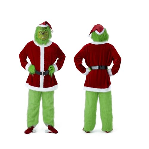 Lynzzvix 7PCS Adult Deluxe Green Monster Christmas Costume Santa Claus Outfit for Men Furry Cosplay Set (Including Mask)- X-Large