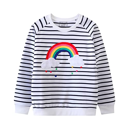 HILEELANG Kids Girl Sweatshirts White Rainbow Stripe Pullover Crewneck Spring Autumn Long Sleeve Tops Cotton Casual Sweater Shirts 5T