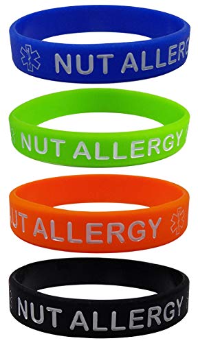 Max Petals NUT ALLERGY Silicone Wristbands - Blue, Orange, Green and Black (4 Pack) (Very Small Size 5-1/2 inches)