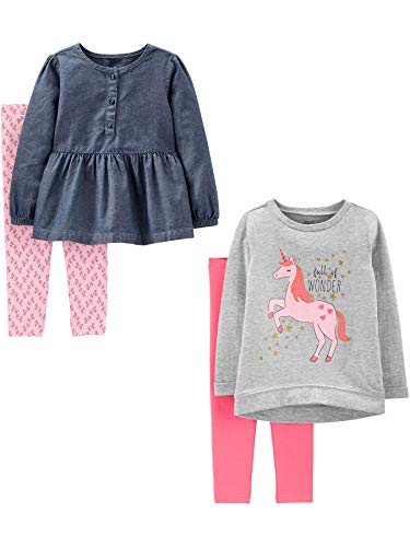 Simple Joys by Carter's Girls' 4-Piece Long-Sleeve Shirts and Pants Playwear Set, Denim/Grey Unicorn/Light Pink/Pink, 5T