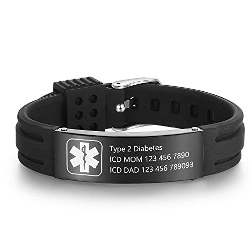 OPALSTOCK Personalized Adjustable Medical Bracelets Sport Emergency ID Bracelets Engraving 9 Inches Silicone Waterproof ID Alert Bracelets for Men Women (Black-black)