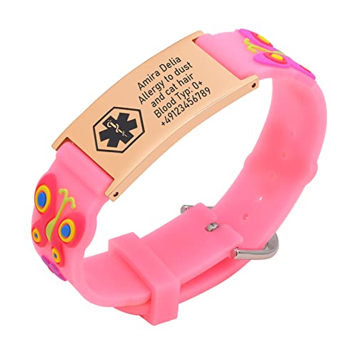 MEALGUET Personalized Medical Bracelet for Kids - Free Engraving Adjustable Silicone Emergency Medical ID Wristband for Girls, Customized Outdoor Sports Medical Alert Bracelets For Kids,Pink