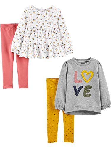 Simple Joys by Carter's Toddler Girls' 4-Piece Long-Sleeve Shirts and Pants Playwear Set, Grey Love/Pink/White Floral/Yellow Dots, 3T