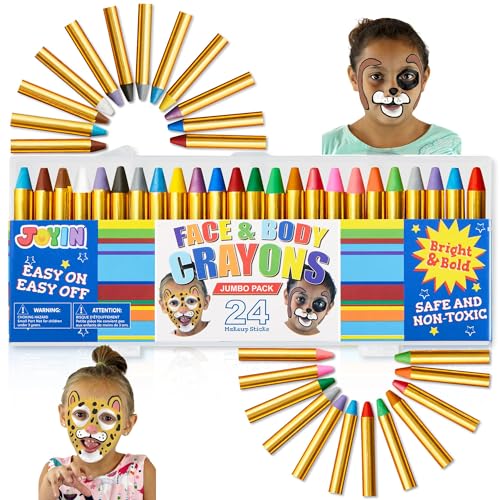 JOYIN 24 Colors Face Paint Safe & Non-Toxic Face and Body Crayons (Large Size 3 inch) Ultimate Party Pack Including 6 Metallic Colors for Birthday Toy Makeup Party Suppiles, Gifts for Kids Girls Boys