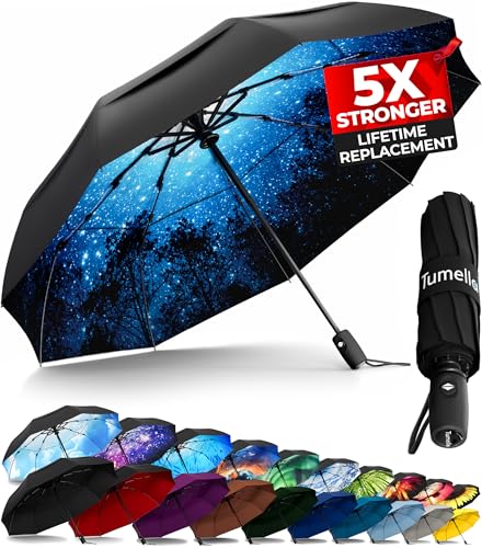 TUMELLA Strongest Windproof Travel Umbrella (Compact, Superior & Beautiful), Small Strong but Light Portable and Automatic Folding Rain Umbrella, Durable Premium Grip, Fits Car & Backpack