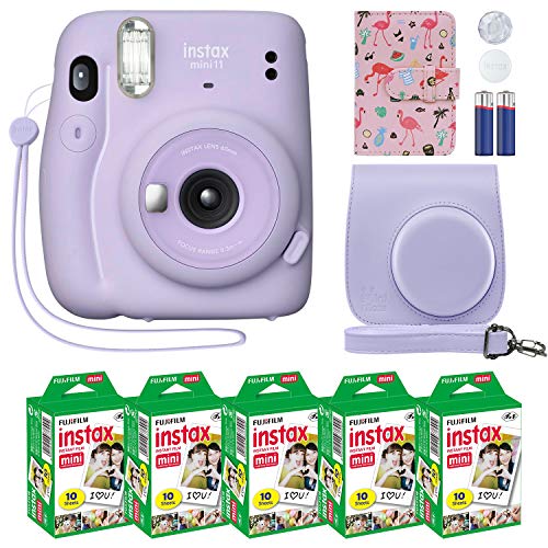 Fujifilm Instax Mini 11 Instant Camera Lilac Purple + Custom Case + Fuji Instax Film Value Pack (50 Sheets) Flamingo Designer Photo Album