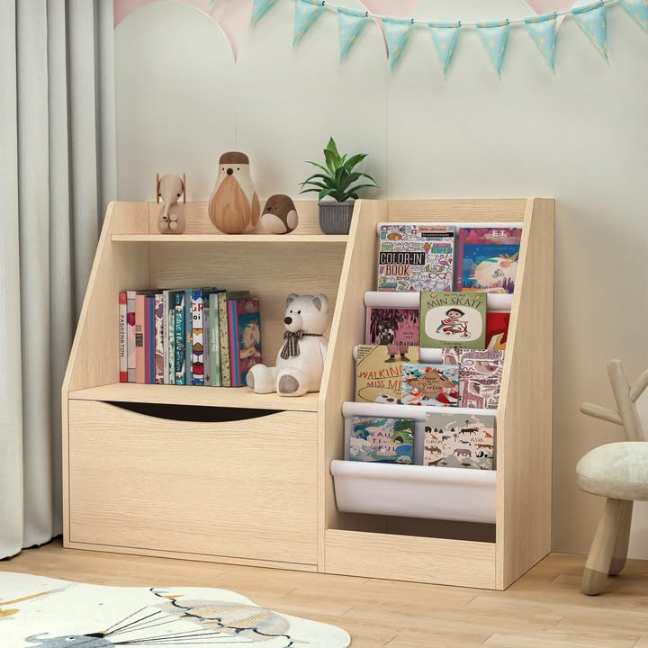 TOETOL 2 Tier Kids Bookshelf and Book Storage，4 Sling Toddler Bookshelf, Storage Boxes Book Shelf & Organizer for Nursery Playroom Classroom Library Bedroom Natural Wood