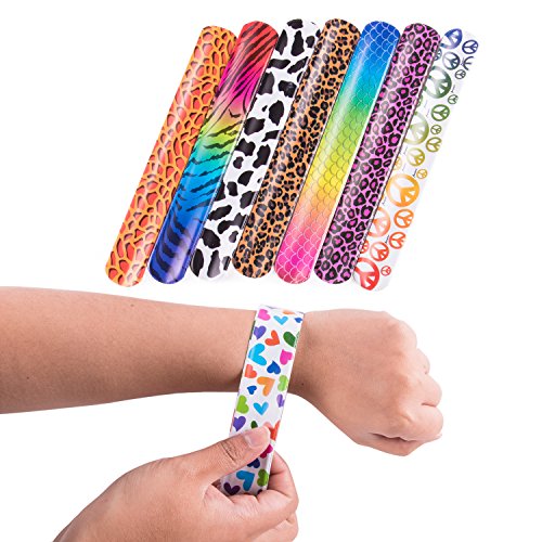 Super Z Outlet Slap On Plastic Vinyl Retro Bracelets with Colorful Hearts & Animal Print Design Patterns for Children, Toy Party Favors (72 Pack)