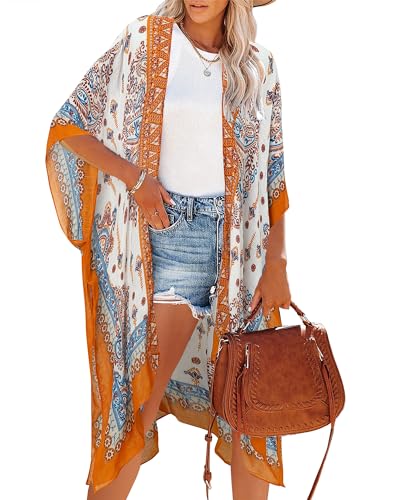 Kimonos for Women Casual Swimsuit Coverup Lightweight Boho Kimono Cardigans for Summer（Beige Yellow Paisley）