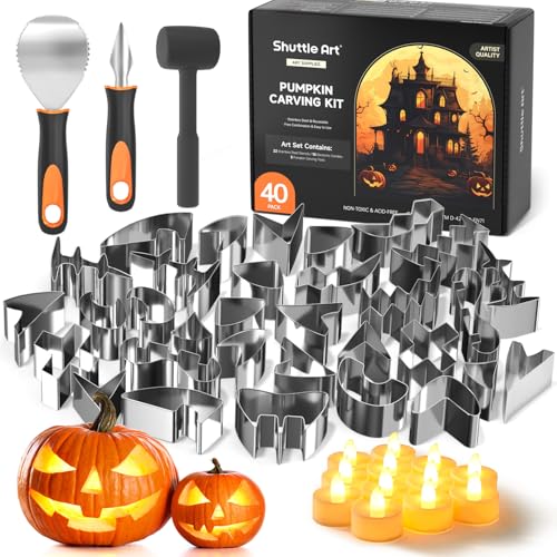 Shuttle Art 40PCS Pumpkin Carving Kit, 22 PCS Stainless Steel Pumpkin Carving Stencils with 15 Electronic Candles & 3 Carving Tools, Easy Safe Fun and Durable for Kids Adults Pumpkin Carving