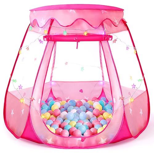 Pop Up Princess Tent with Colorful Star Lights for 1 2 3 Year Old Birthday Gift, 12-18 Months Baby Girl Toys, Foldable Ball Pit with Carrying Bag, Indoor&Outdoor Play Tent for Kids