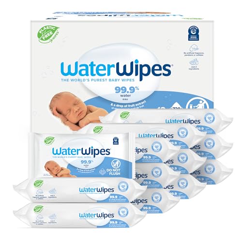 WaterWipes Plastic-Free Original Baby Wipes, 99.9% Water Based Wipes, Unscented & Hypoallergenic for Sensitive Skin, 60 Count (Pack of 12), Packaging May Vary