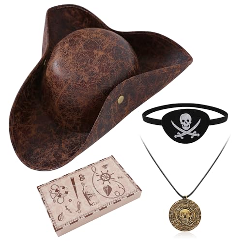 Renaissance Pirate Hat Costome Decoration Halloween Exchange For Male Female Tricorn Hat With Eye Patch & Necklaces