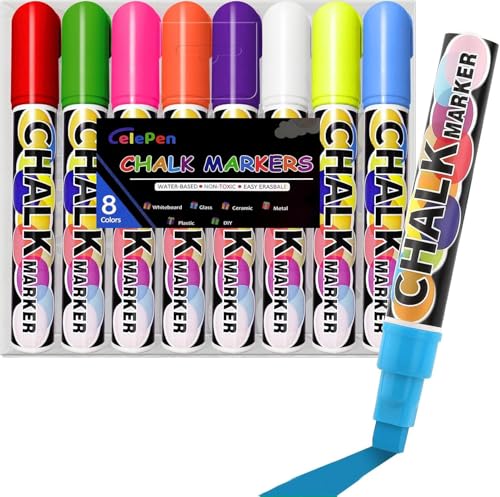 Celepen Window Chalk Markers for Cars Glass Washable, 8 Colors Jumbo Liquid Chalk Marker Pens with 10mm 3 in 1 Nib Wide Tip, Chalkboard Markers Car Window Paint Markers Pen for Auto, Mirror, Poster