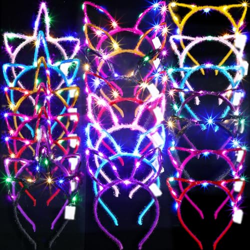 42 Pcs LED Glow in the Dark Headband Set, 14 Unicorn style Light up Headband 14 Cute Cat Ear Luminous Headband 14 Rabbit Bunny Ear Hairband for Party Decorations Women Adult Birthday Gift