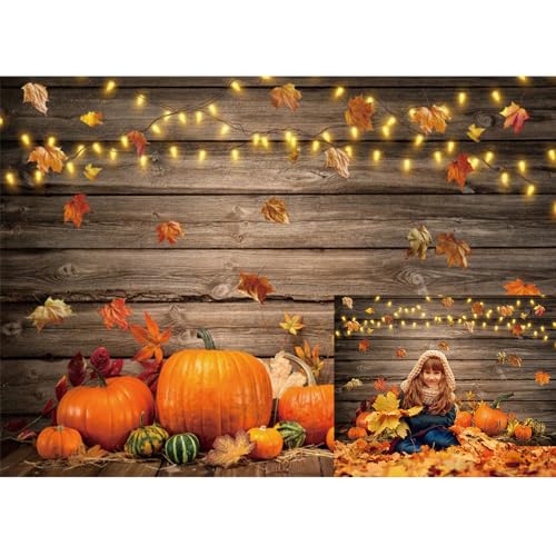 LFEEY Thanksgiving Day Backdrop, 10x8ft Rustic Wooden Floor Barn Harvest Photography Backdrop Autumn Pumpkins Maple Leaves Sunflower Haystack Party Backdrop Baby Shower Decoration Party Photo Backdrop