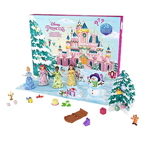 Mattel Disney Princess Advent Calendar, 24 Days of Surprises Include 4 Princess Small Dolls, 5 Friends & 16 Accessories (Amazon Exclusive)