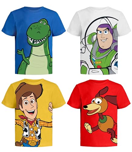 Toy Story Pixar T-Shirts (4 Pack) Woody Buzz Lightyear Rex Slinky - Toddler/Birthday Kids Clothes 4T B/Wh/Y/R SS