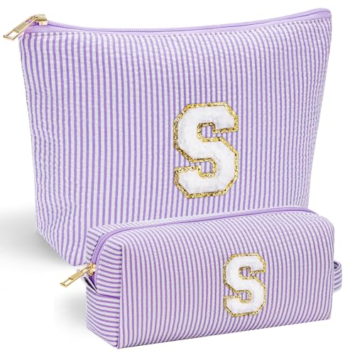 YOOLIFE Preppy Stuff Tween Girls Gifts 2 Pieces Monogram Makeup Pouch Makeup Organizer Bag Beauty Bag Personalized Friend Sister Wife Wedding Bride Birthday Gifts for Women Her Preppy Makeup Bag S