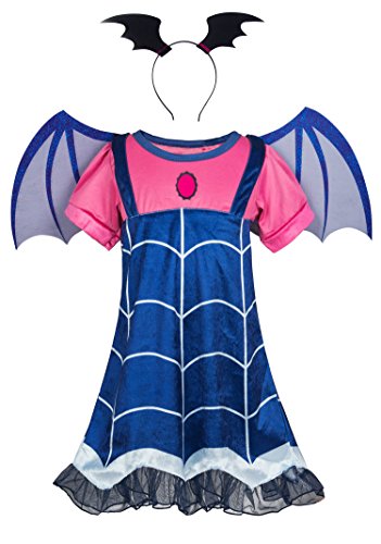 MSSmile Little Girls Cartoon Costume Little Girl Blue Skirt Set Hair Band+Wing Halloween Cosplay Outfit…(120cm/5-6Y, vamp 1)