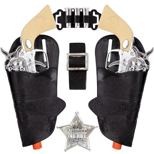 Cowboy Toy Gun Holster and Belt 9 Piece Set for Kids. 2 Toy Pistols, 1 Sheriff Badge, 2 Gun Holsters, and 3 Play Bullets, 1 Adjustable Belt, Old Western Action Belt for Sheriff, Halloween Costume