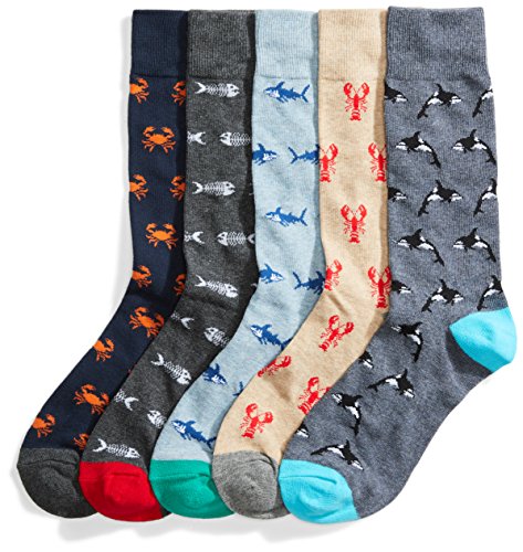 Amazon Essentials Men's Patterned Socks, 5 Pairs, Crab/Dolphin/Sea Life, One Size