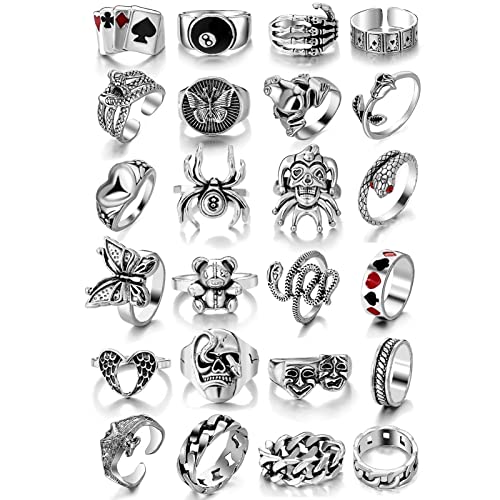 KISS WIFE Cool Rings Set for Women, Vintage Silver Punk Rings Bulk, Gothic Chunky Knuckle Emo Stackable Finger Ring Pack (Gothic)