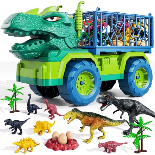 TEMI Dinosaur Truck Toys for Kids 3-5 Years, Tyrannosaurus Transport Car Carrier Truck with 8 Dino Figures, Activity Play Mat, Dinosaur Eggs, Trees, Capture Jurassic Play Set for Boys and Girls