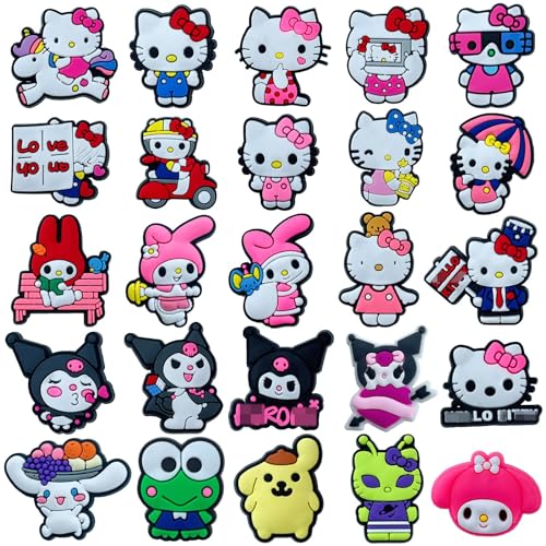 25 Pcs Cute Kawaii Shoe Charms Pins for Hello Kitty for Croc Girls, Pink Cute Charms Pack for Kuromi for Croc kids, Shoe Decoration Accessories, Party Favors Gifts.