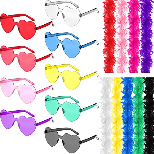 Colored Feather Boas for Party Bulk 9 Pcs Boas and 9 Pcs Heart Shaped Sunglasses Halloween Christmas Cosplay 90s Party Decoration 6ft Fluffy Boa Rimless Glasses Costume Women Wedding Bachelor Carnival