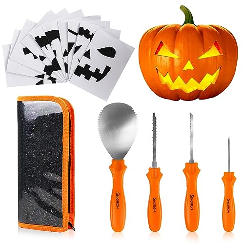 sinotron Pumpkin Carving Kit - 4 Easy Halloween Pumpkin Carving Tools Set with 10 Stencils Patterns, Professional Heavy Duty Pumpkin Carving Knife for Family Party Halloween Decorations Decor