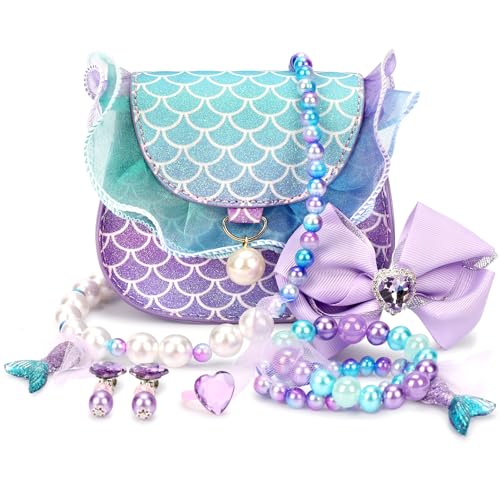 mibasies Toddler Purse for Little Girls Gifts for 3-8 Years Old with Dress Up Jewelry Pretend Play Accessories,Mermaid Girl Toys 4-5