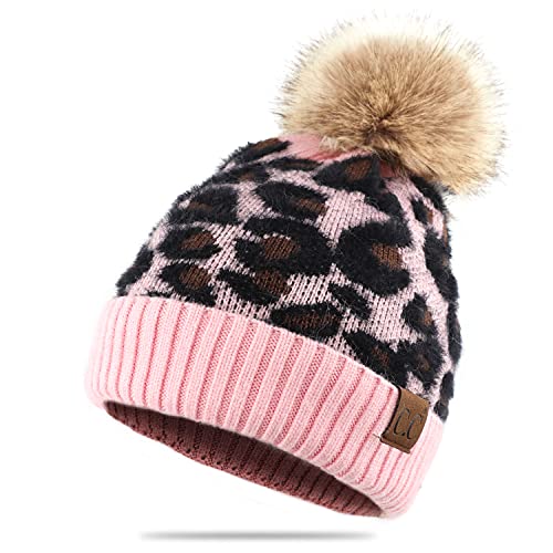 C.C Exclusives Soft Beanie hat with Leopard Pattern and Fur Pom(HAT-2061) (Baby Pink-Leo)