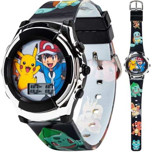 Accutime Pokemon Kids Digital Watch Pikachu & Ash, Easy-to-Read LCD Display, Educational Quartz Wristwatch, Durable & Fun, Ideal Gift for Boys and Girls - Model POK3018