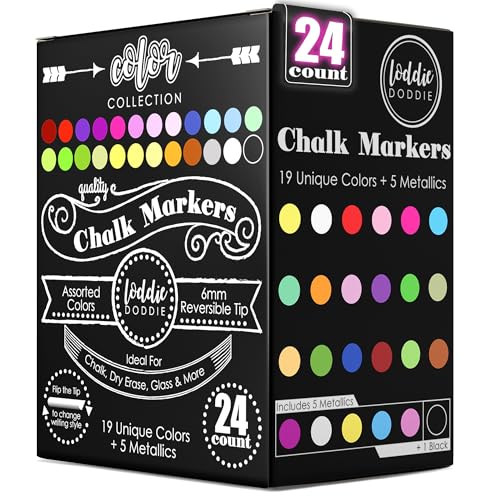 Loddie Doddie Liquid Chalk Markers - Pack of 24 - Dust Free Chalk Pens for Chalkboards, Blackboards, Windows & Glass - 6mm Reversible Bullet & Chisel Tip - Erasable Ink Chalkboard pens