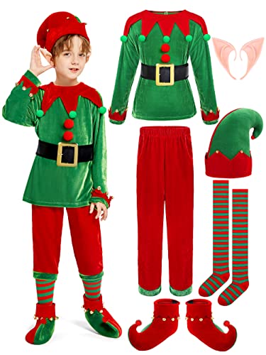 SOMSOC 7 Pack Kids Christmas Elf Costume Set Boys Velvet Elf Dress Up Santa's Helper Costume Xmas Festive Outfit with Elf Hat Shoes Ears Belt Striped Over Knee High Socks